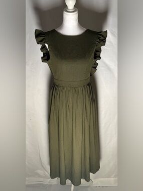Olive Green Ruffle Sleeve Open Back Dress Cottagecore Boho Tie Back Mini Dress